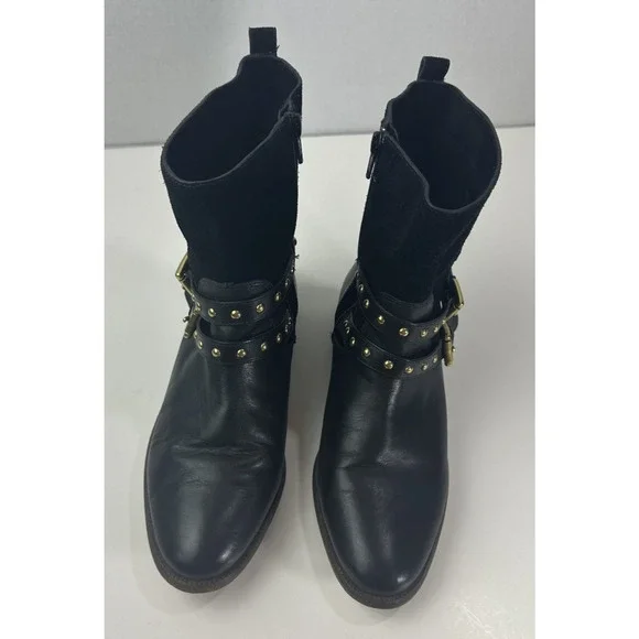 Coach Lilliana Leather Ankle Moto Boots Size 7.5 B Gold Studded Buckle Shoes - Picture 15 of 16